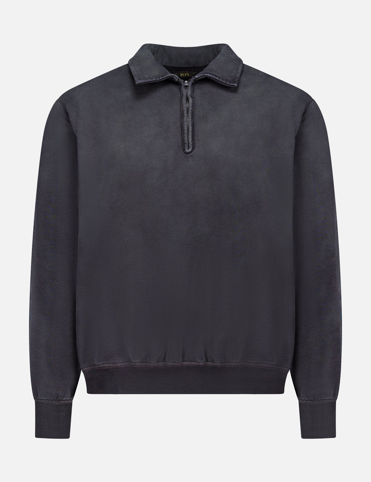 The RALPH LAUREN RRL Terry Quarter Zip Pullover Sweatshirt is a long-sleeve, vintage black quarter zip with a collar, ribbed cuffs and hem, displayed on a plain white background—an ideal travel pullover combining style and comfort.