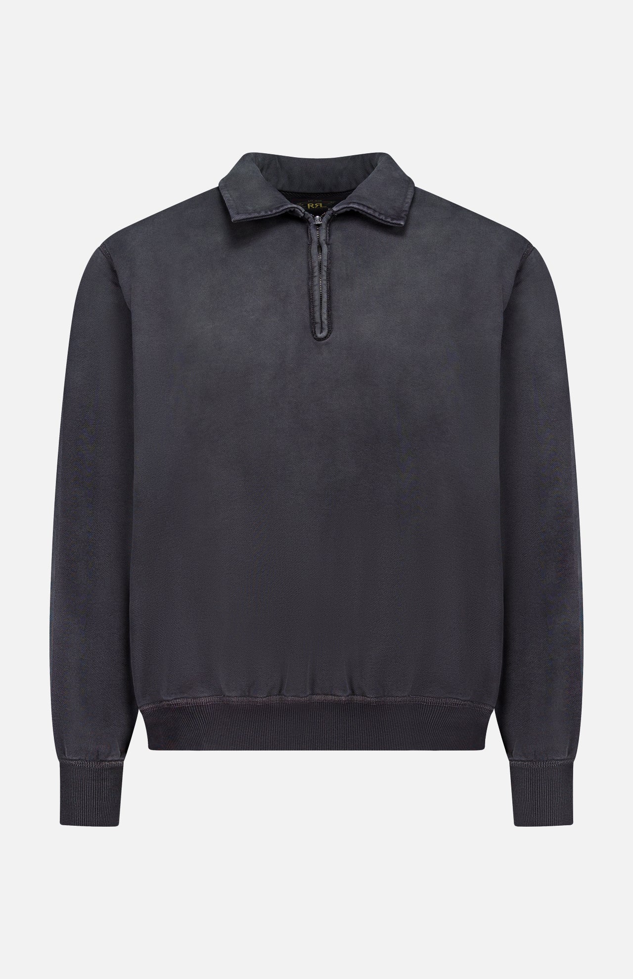 The RALPH LAUREN RRL Terry Quarter Zip Pullover Sweatshirt is a long-sleeve, vintage black quarter zip with a collar, ribbed cuffs and hem, displayed on a plain white background—an ideal travel pullover combining style and comfort.