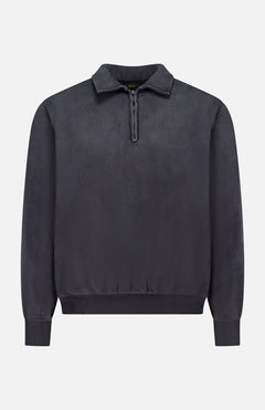The RALPH LAUREN RRL Terry Quarter Zip Pullover Sweatshirt is a long-sleeve, vintage black quarter zip with a collar, ribbed cuffs and hem, displayed on a plain white background—an ideal travel pullover combining style and comfort.