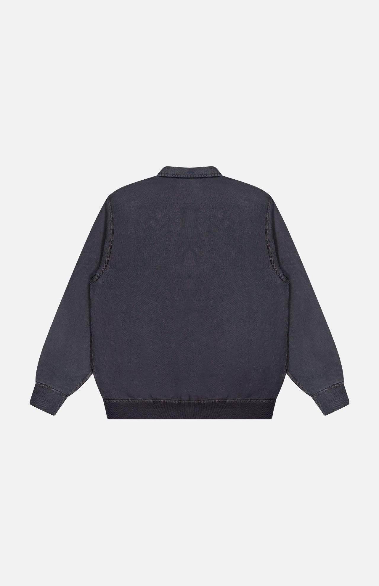 Back view of the RALPH LAUREN RRL Terry Quarter Zip Pullover Sweatshirt in dark gray, featuring long sleeves and ribbed cuffs, hem, and collar—evoking a vintage black sweatshirt style—displayed on a white background.