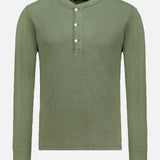 The RALPH LAUREN RRL Waffle Knit Long Sleeve Henley Shirt, shown in olive green, is made from waffle-knit cotton and features three vintage-inspired buttons on the placket, displayed against a plain white background.