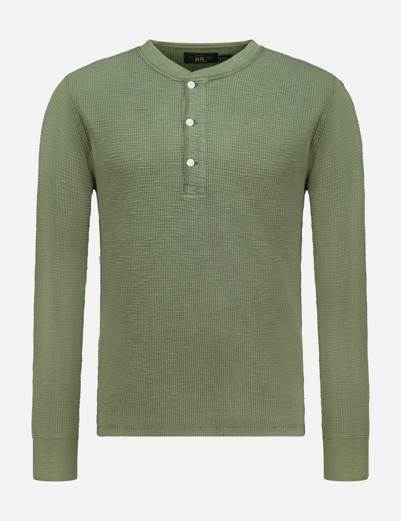 The RALPH LAUREN RRL Waffle Knit Long Sleeve Henley Shirt, shown in olive green, is made from waffle-knit cotton and features three vintage-inspired buttons on the placket, displayed against a plain white background.