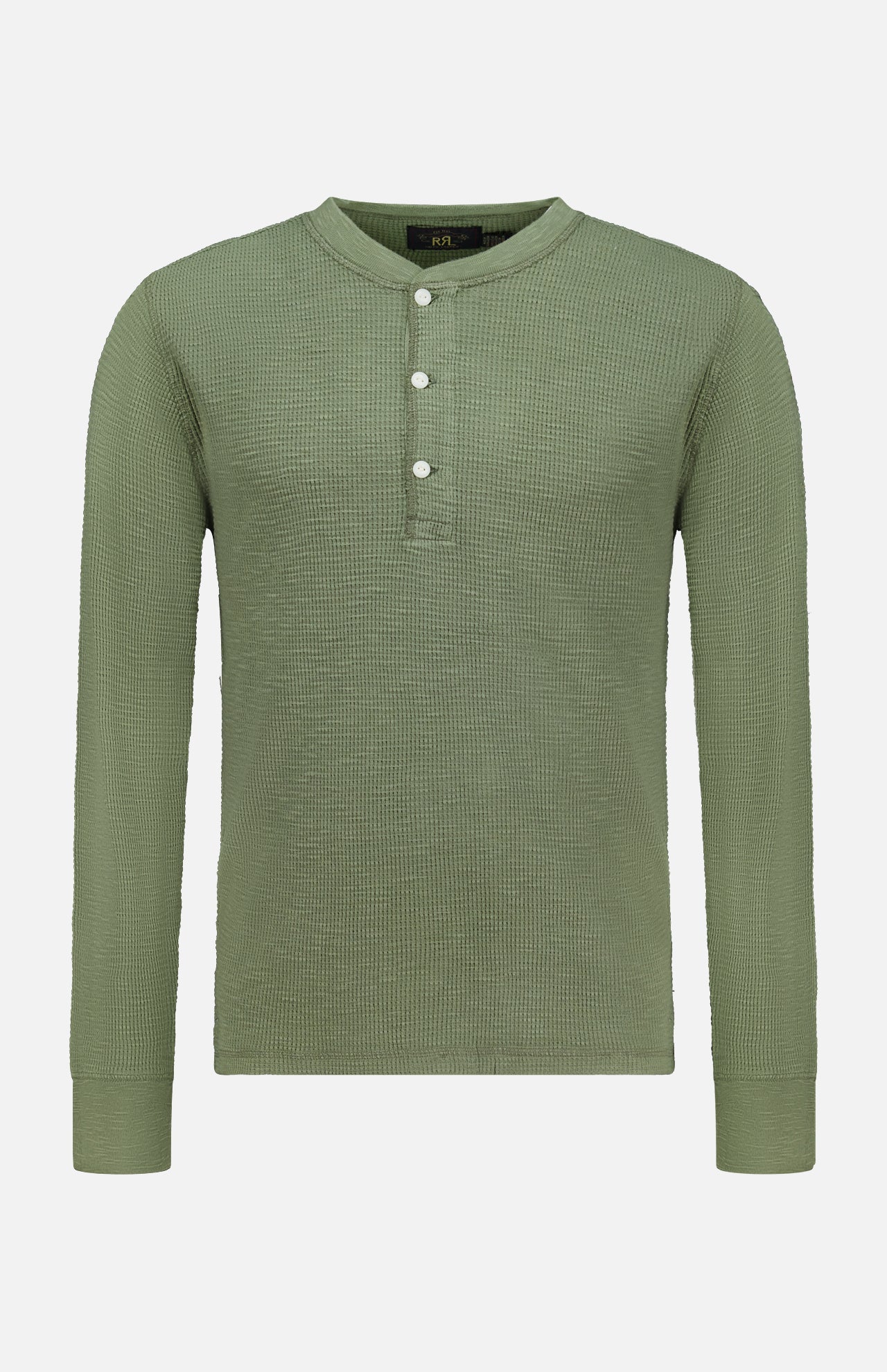 The RALPH LAUREN RRL Waffle Knit Long Sleeve Henley Shirt, shown in olive green, is made from waffle-knit cotton and features three vintage-inspired buttons on the placket, displayed against a plain white background.