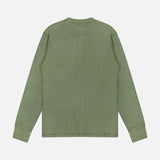 The RALPH LAUREN RRL Waffle Knit Long Sleeve Henley Shirt is displayed laid flat on a white background, shown from the back. Made from soft waffle-knit cotton, this olive green top features a crew neckline and ribbed cuffs for enhanced comfort and style.