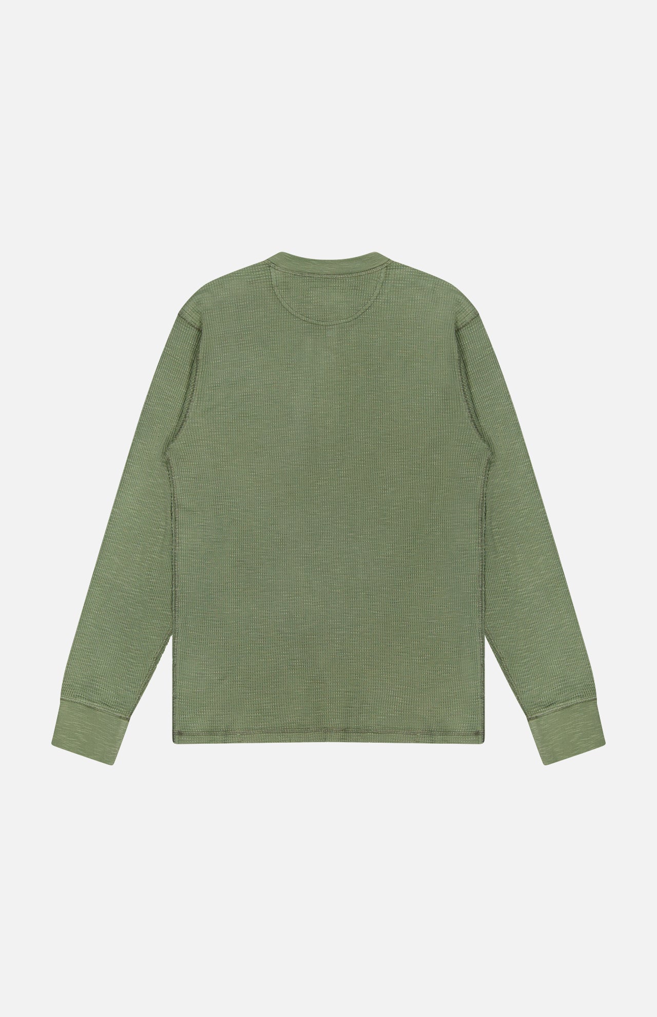The RALPH LAUREN RRL Waffle Knit Long Sleeve Henley Shirt is displayed laid flat on a white background, shown from the back. Made from soft waffle-knit cotton, this olive green top features a crew neckline and ribbed cuffs for enhanced comfort and style.