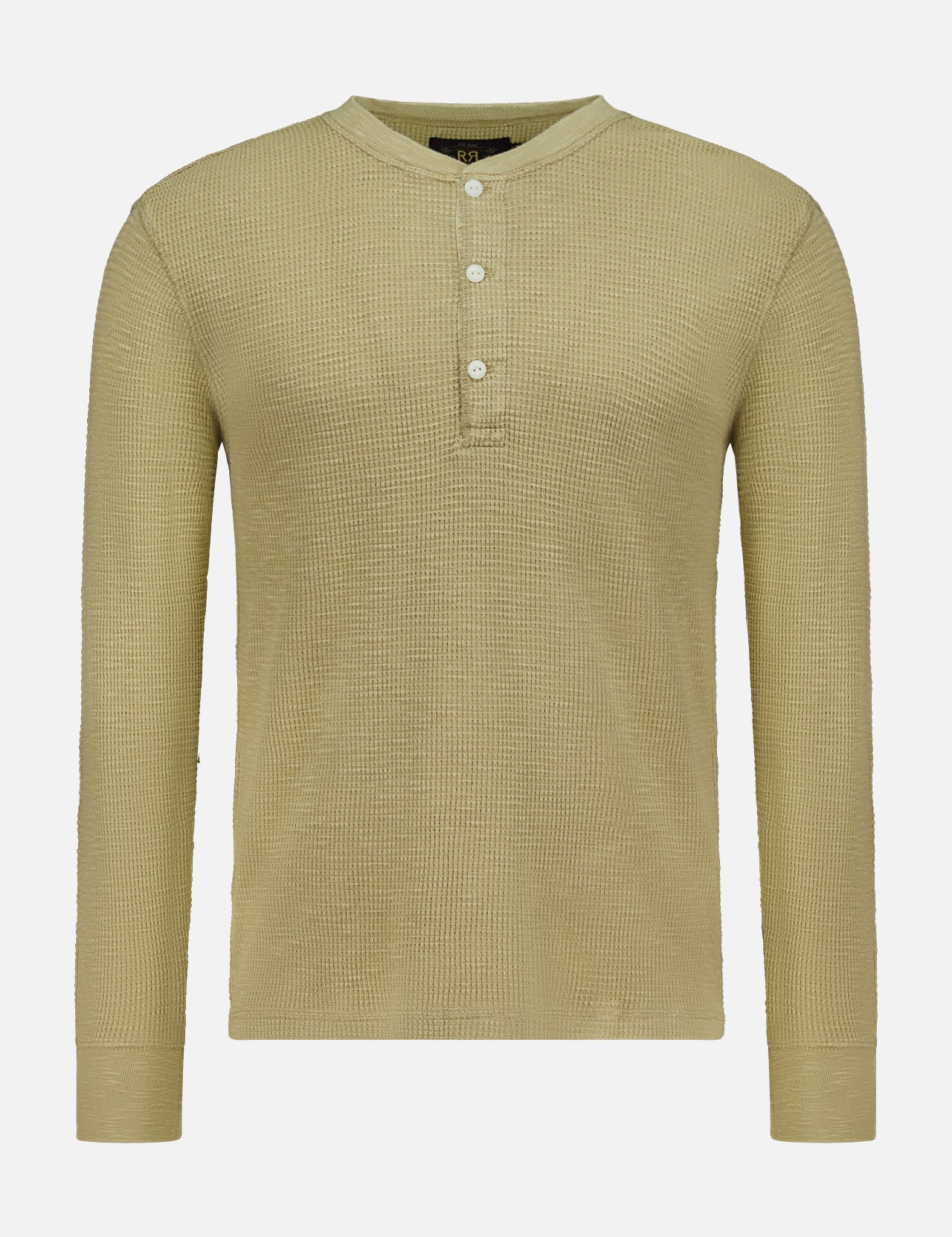 The RALPH LAUREN RRL Waffle Knit Long Sleeve Henley Shirt is shown in a light olive green color, featuring a waffle-knit texture, long sleeves, and a short button placket with three vintage-inspired buttons, displayed against a plain white background.