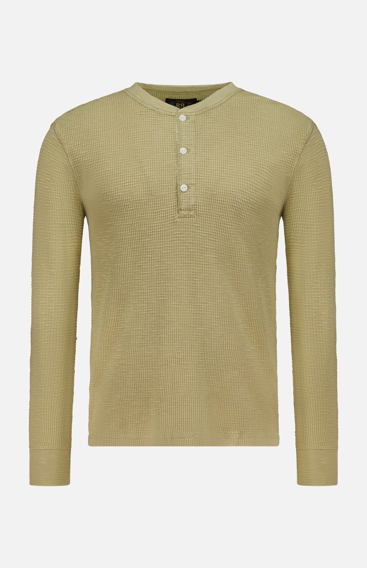 The RALPH LAUREN RRL Waffle Knit Long Sleeve Henley Shirt is shown in a light olive green color, featuring a waffle-knit texture, long sleeves, and a short button placket with three vintage-inspired buttons, displayed against a plain white background.