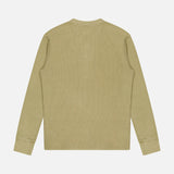 A RALPH LAUREN RRL Waffle Knit Long Sleeve Henley Shirt in light olive green is displayed flat on a white background, shown from the back with a crew neckline and ribbed cuffs.