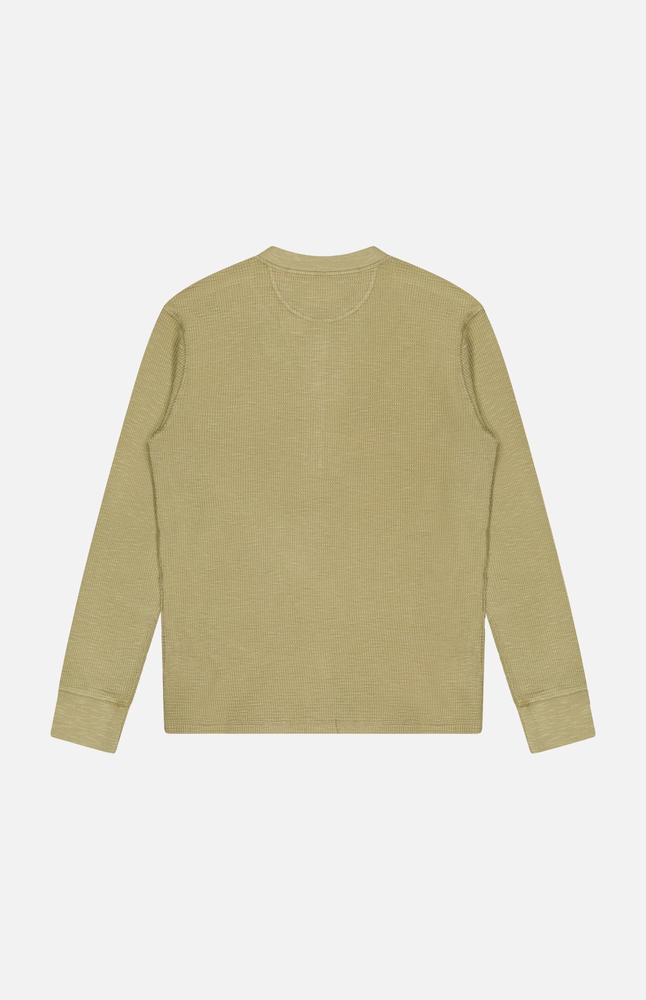A RALPH LAUREN RRL Waffle Knit Long Sleeve Henley Shirt in light olive green is displayed flat on a white background, shown from the back with a crew neckline and ribbed cuffs.