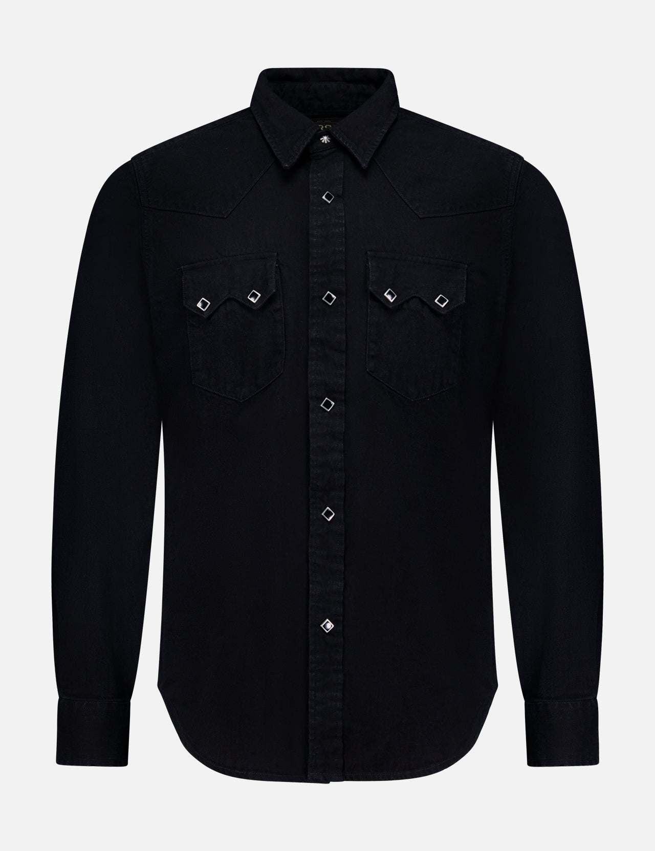 The RALPH LAUREN RRL Western Denim Sawtooth Workshirt is a black, long-sleeve button-up shirt featuring a pointed collar and silver buttons down the front and on the two chest pockets, each with a flap and button closure. Inspired by classic Western shirt design, it is photographed against a plain white background.
