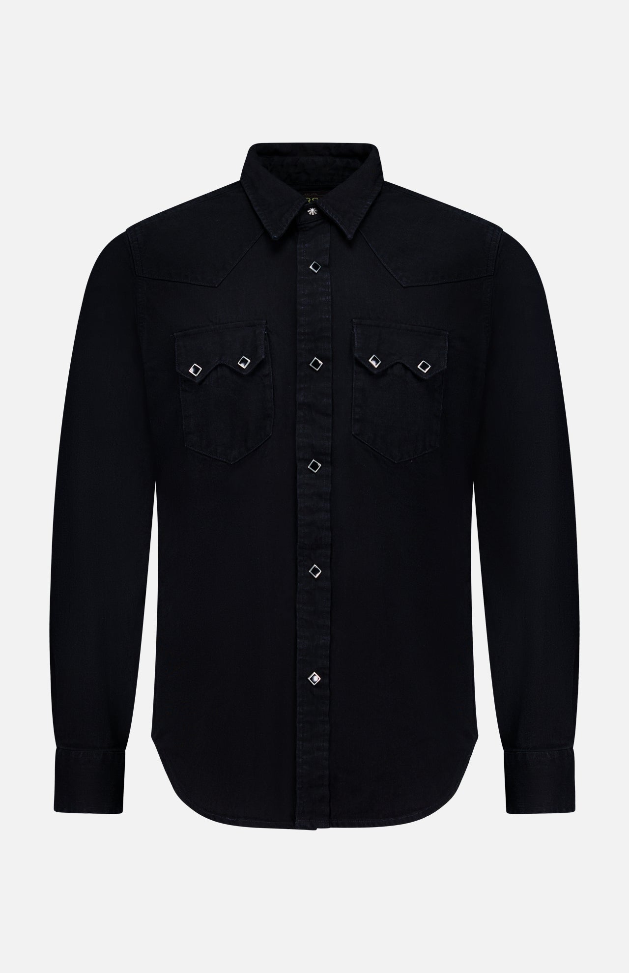 The RALPH LAUREN RRL Western Denim Sawtooth Workshirt is a black, long-sleeve button-up shirt featuring a pointed collar and silver buttons down the front and on the two chest pockets, each with a flap and button closure. Inspired by classic Western shirt design, it is photographed against a plain white background.