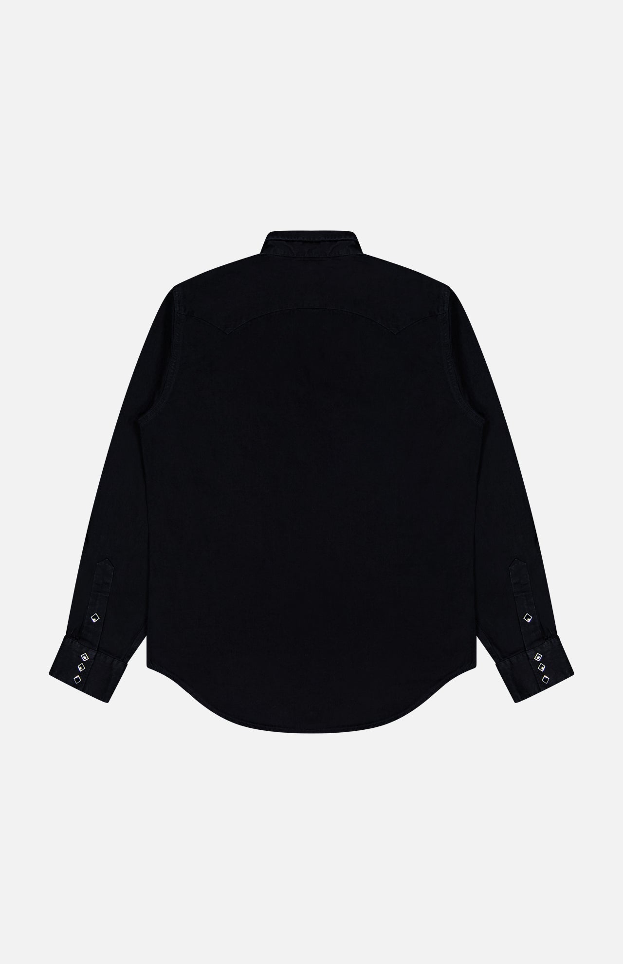 The RALPH LAUREN RRL Western Denim Sawtooth Workshirt is displayed laid flat, viewed from the back, highlighting its visible cuffs and curved hem. This slim fit black button-up features classic western-inspired details for a refined look.