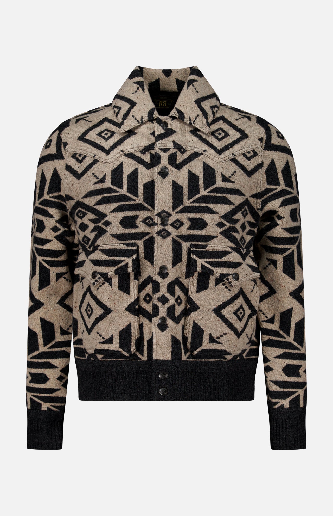 Ralph Lauren RRL Western Ralston Wool Jacket featuring a geometric southwestern pattern, a fold-over collar, two chest pockets, and a ribbed knit hem and cuffs.