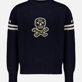 RALPH LAUREN RRL Wool Long Sleeve Crewneck Sweater in navy blue featuring a skull and crossbones, two white stripes and stars on the sleeves, and a cream-colored chest emblem reading NY and HILL CLIMBERS TOP.