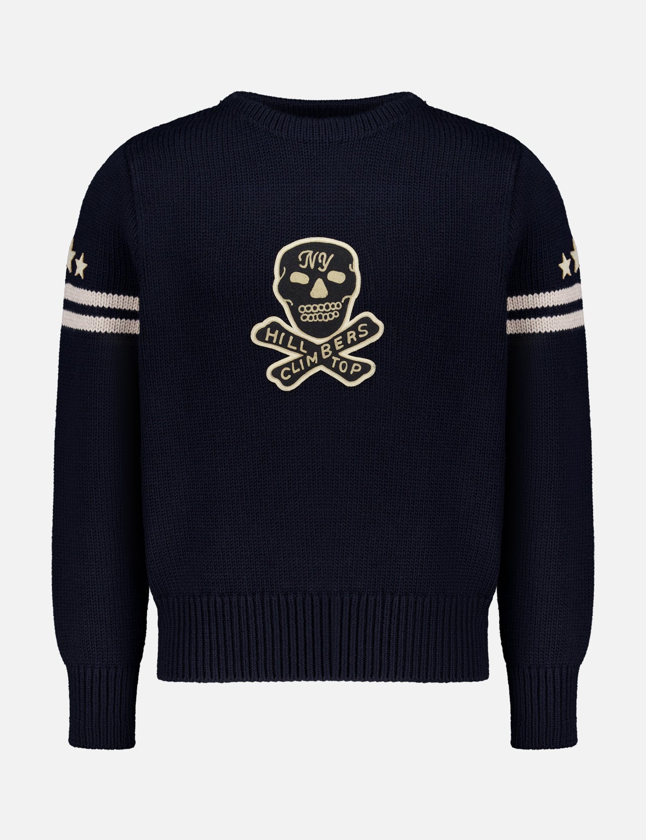 RALPH LAUREN RRL Wool Long Sleeve Crewneck Sweater in navy blue featuring a skull and crossbones, two white stripes and stars on the sleeves, and a cream-colored chest emblem reading NY and HILL CLIMBERS TOP.