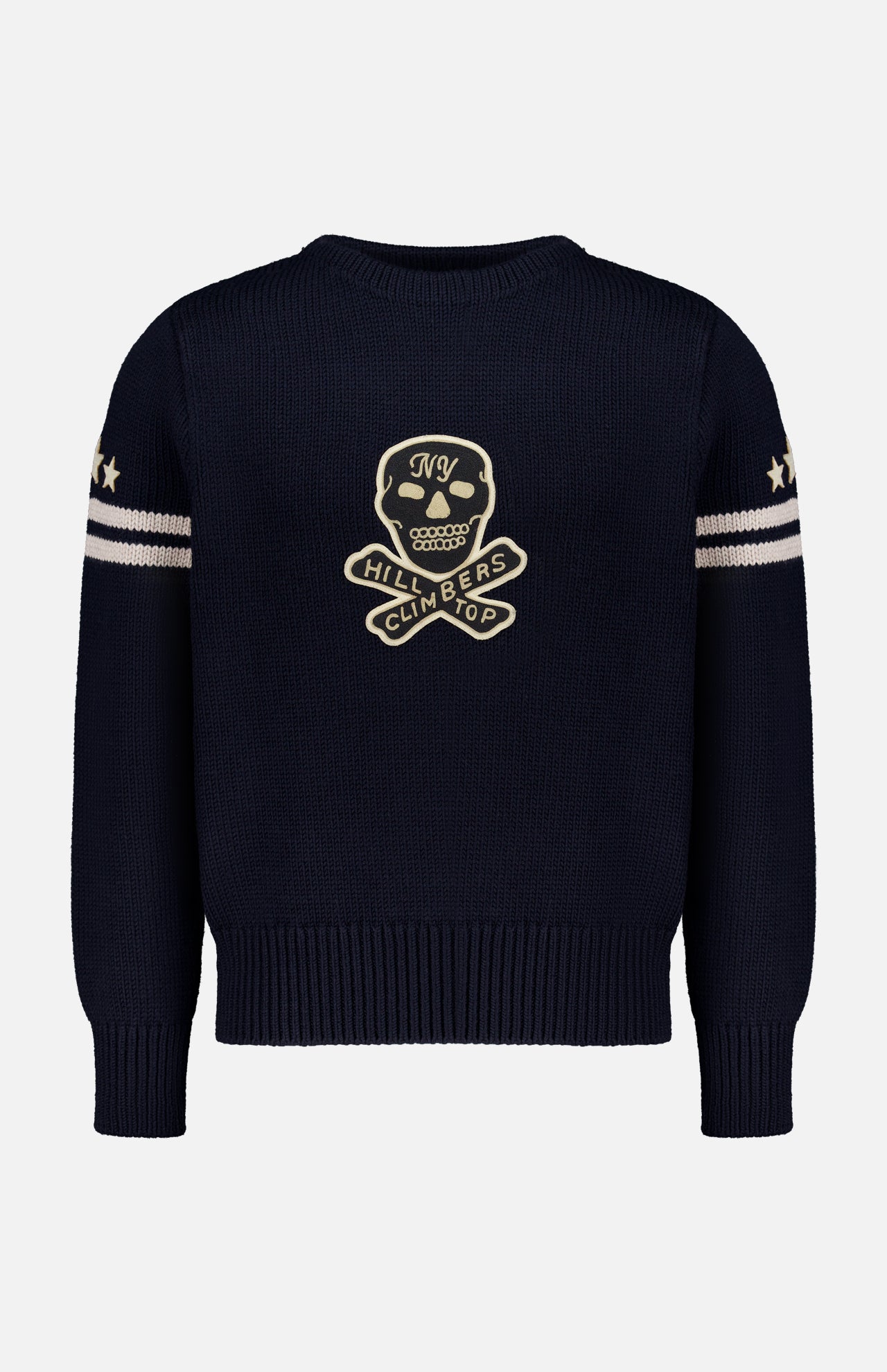 RALPH LAUREN RRL Wool Long Sleeve Crewneck Sweater in navy blue featuring a skull and crossbones, two white stripes and stars on the sleeves, and a cream-colored chest emblem reading NY and HILL CLIMBERS TOP.