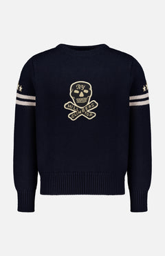RALPH LAUREN RRL Wool Long Sleeve Crewneck Sweater in navy blue featuring a skull and crossbones, two white stripes and stars on the sleeves, and a cream-colored chest emblem reading NY and HILL CLIMBERS TOP.