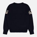 Back view of a navy RALPH LAUREN RRL Wool Long Sleeve Crewneck Sweater featuring cream-colored stripes and stars on the upper sleeves.