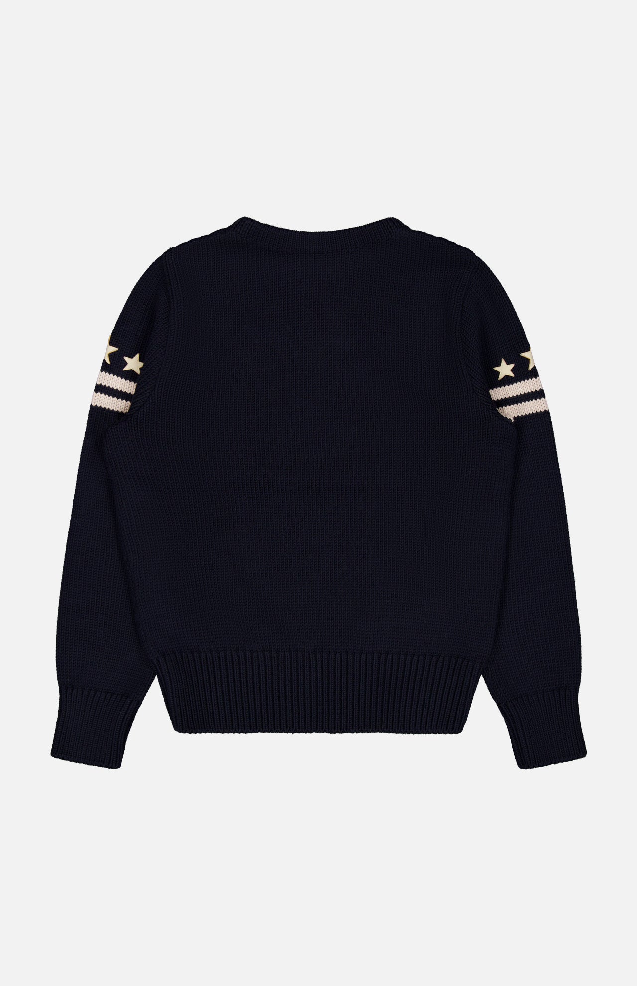 Back view of a navy RALPH LAUREN RRL Wool Long Sleeve Crewneck Sweater featuring cream-colored stripes and stars on the upper sleeves.