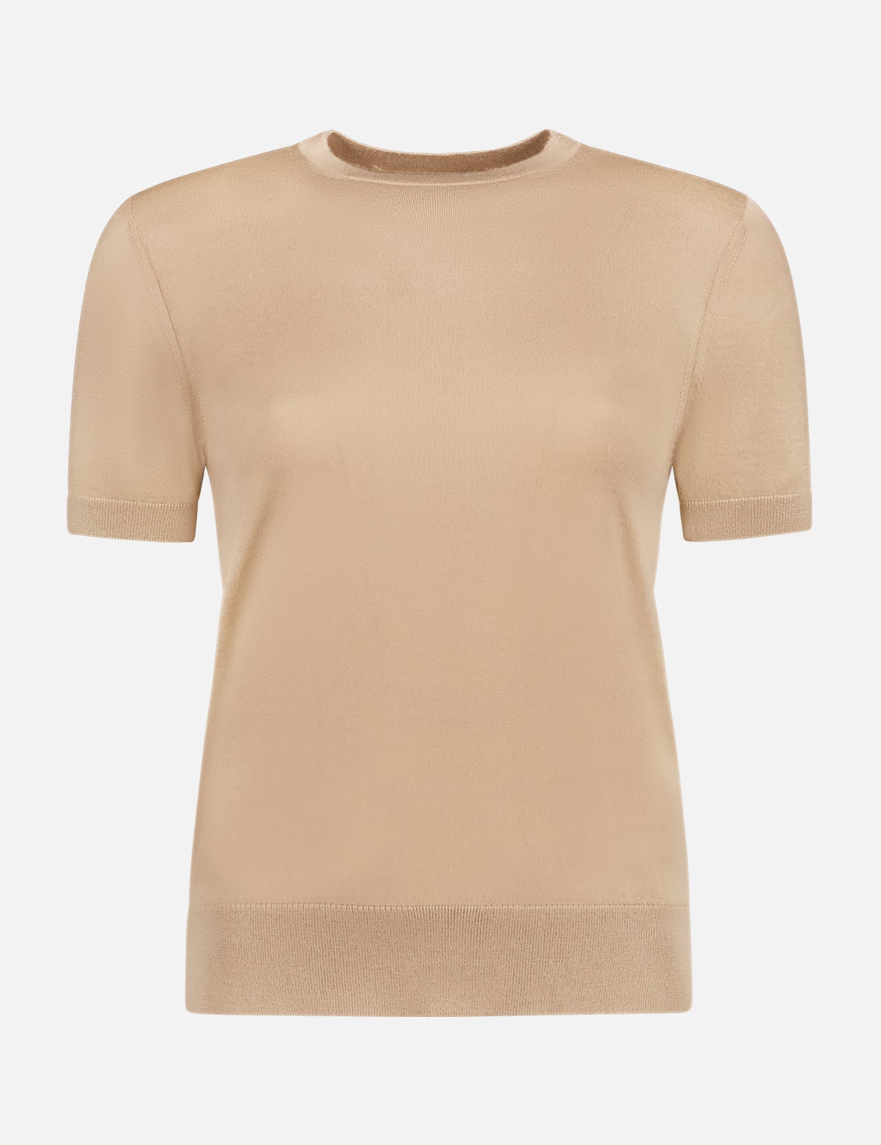 The Short Sleeve Crewneck Sweater by RALPH LAUREN COLLECTION is a beige cashmere knit top with short sleeves and a crew neckline, made in Italy and displayed on a white background.