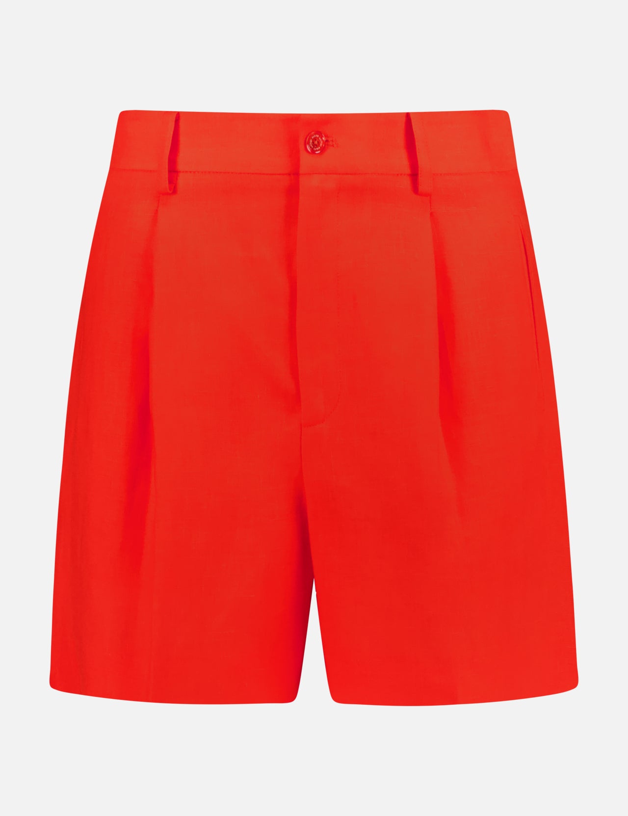 The Tracey Shorts by RALPH LAUREN COLLECTION are bright red linen shorts with a high-rise, tailored fit, front button and zip closure, pleats, and side pockets, made in Italy and shown against a plain white background.