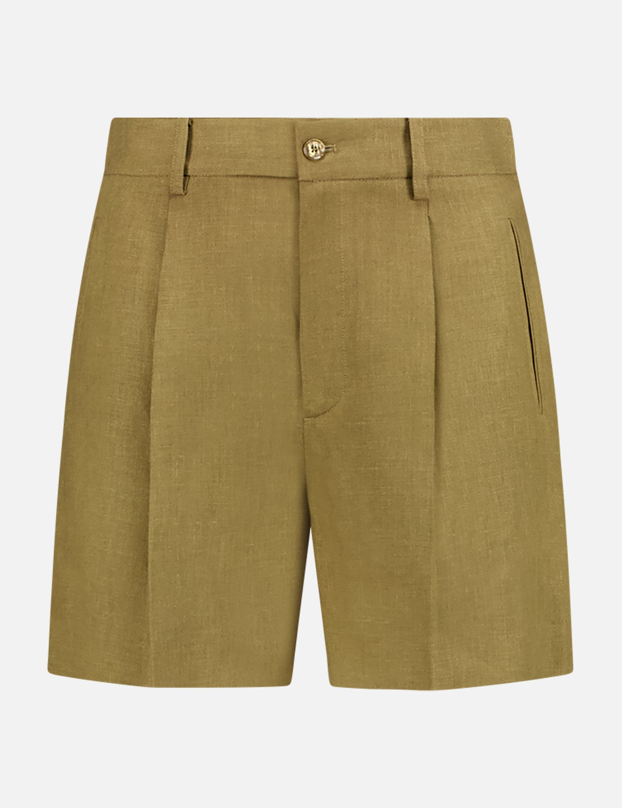 The Tracy Shorts by RALPH LAUREN COLLECTION are high-rise, olive-green linen shorts with belt loops, front pleats, side pockets, and a button-zip closure, crafted in Italy and shown against a white background.
