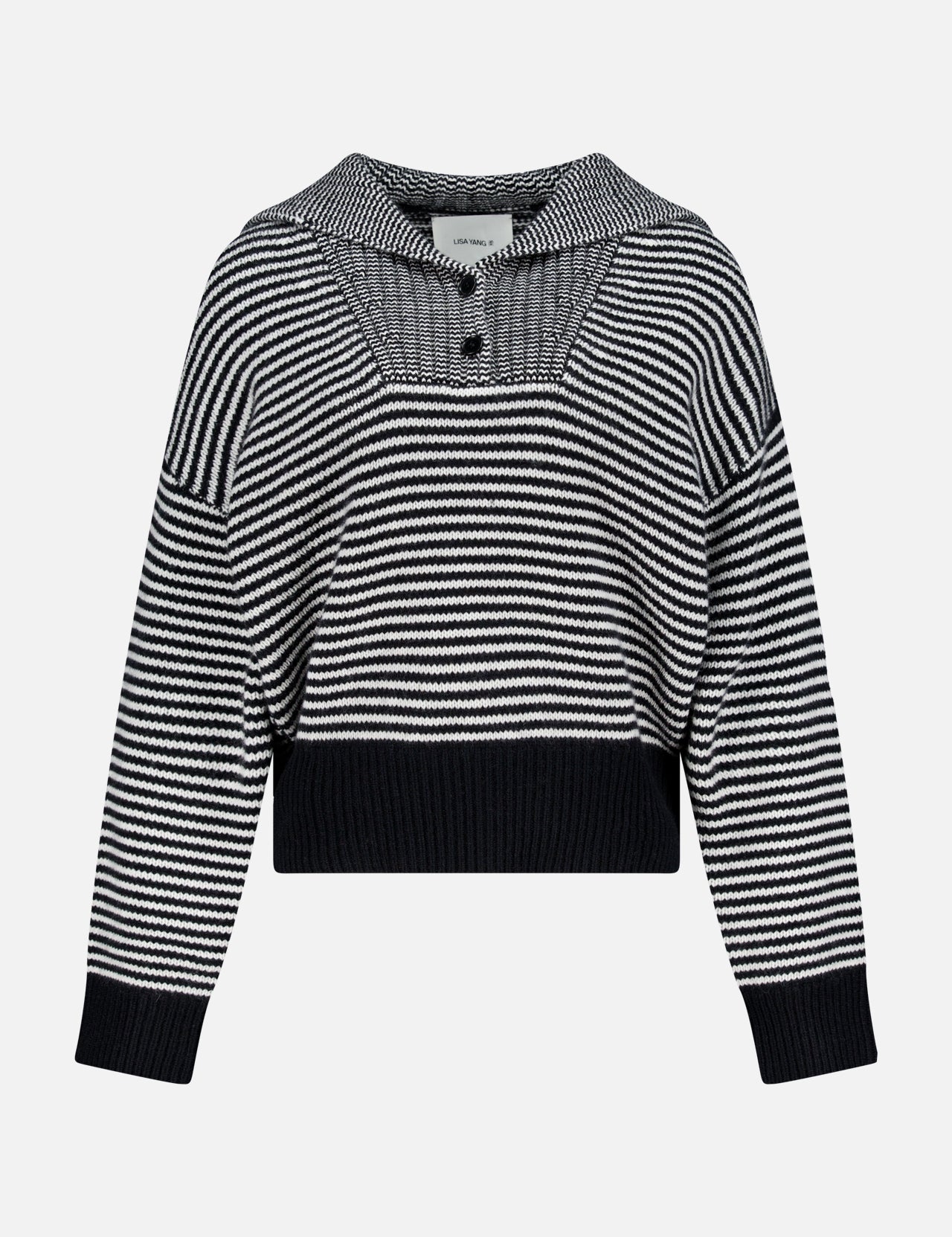 The Ranelle Stripes Cashmere Sweater by LISA YANG features navy and white stripes, long sleeves, a square collar with two buttons, and ribbed cuffs and hem for a relaxed fit that adds slow luxury to your everyday look.