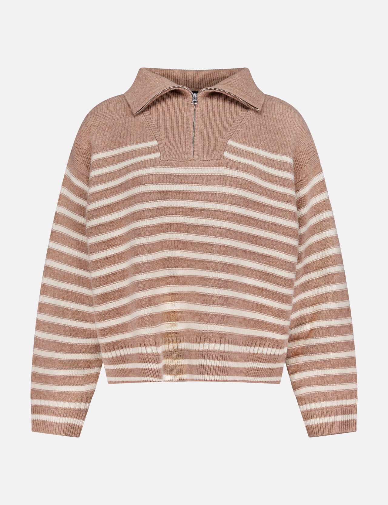 The RAG & BONE Raven Stripe Half Zip Up Sweater features beige and white stripes, a wool-cashmere blend, long sleeves, a zip collar, and ribbed cuffs and hem, shown against a white background.