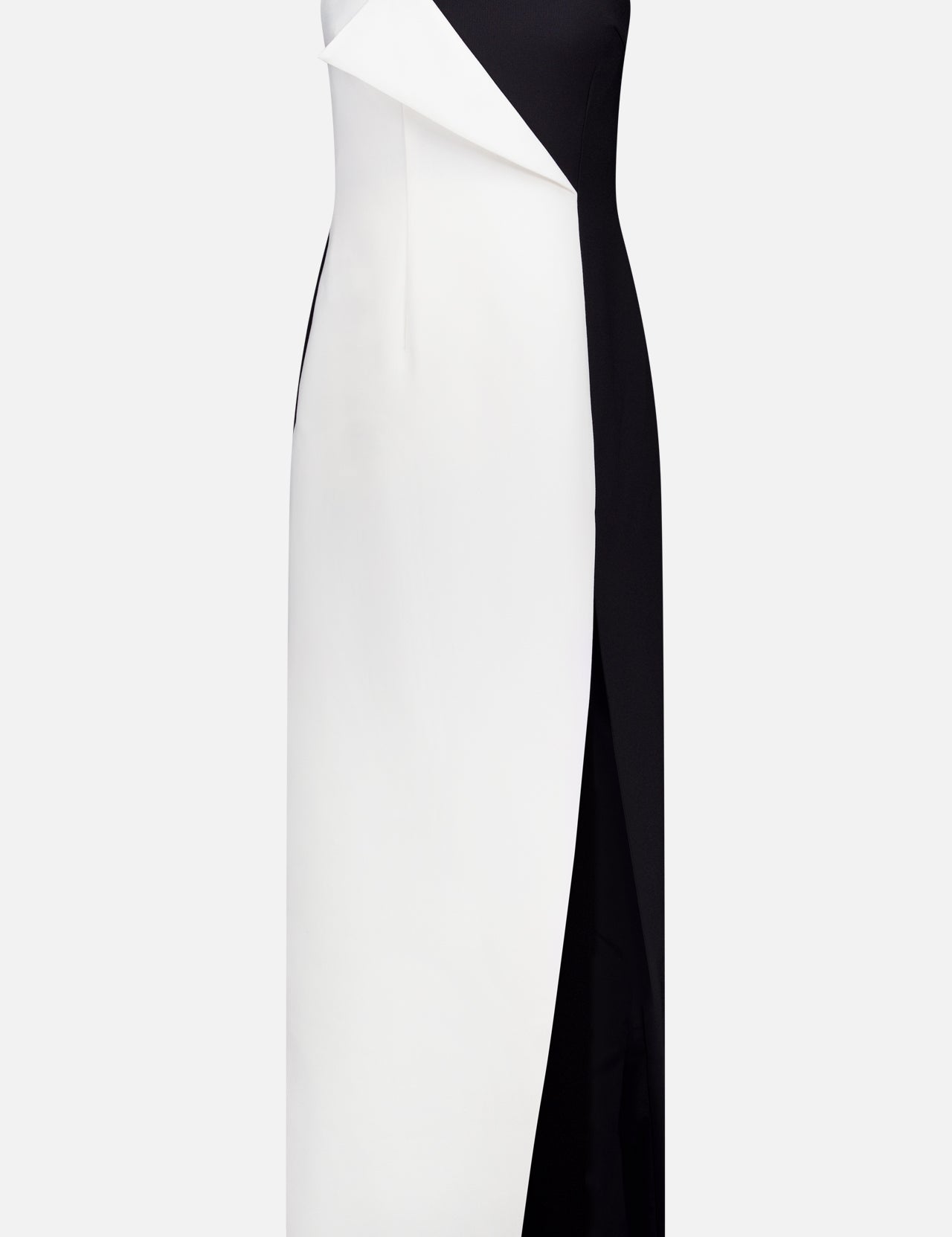 The RONNY KOBO River High Slit Maxi Dress is a strapless black and white colorblock gown featuring an asymmetrical fold-over neckline and sleek, fitted silhouette—perfect for making a statement at any party.