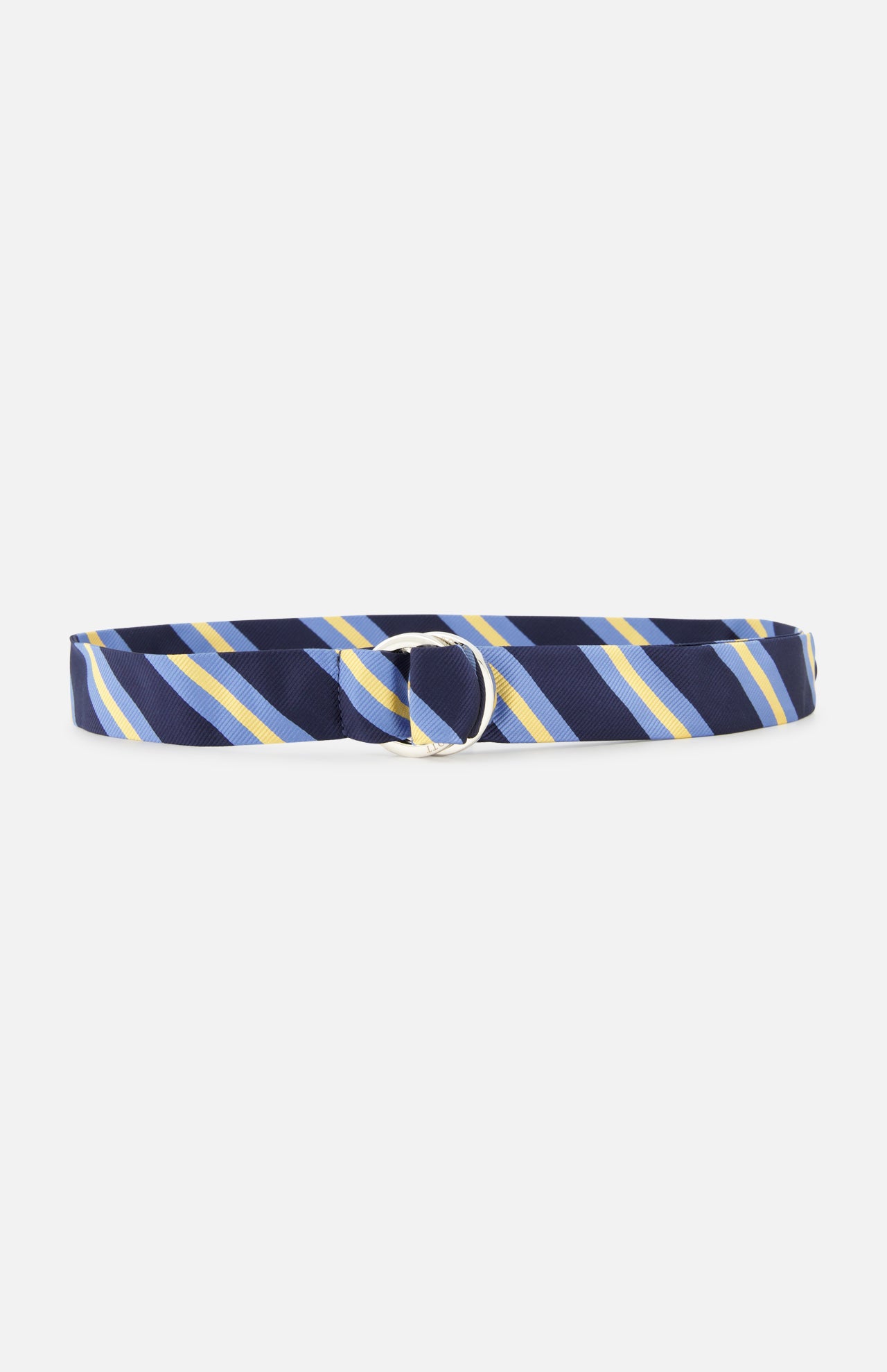 The Buckley Ribbon Belt by ROBERT TALBOTT is crafted in Italy from premium fabric and features a navy blue base with diagonal yellow, blue, and white stripes. It has a silver double-ring buckle and is displayed against a plain white background.