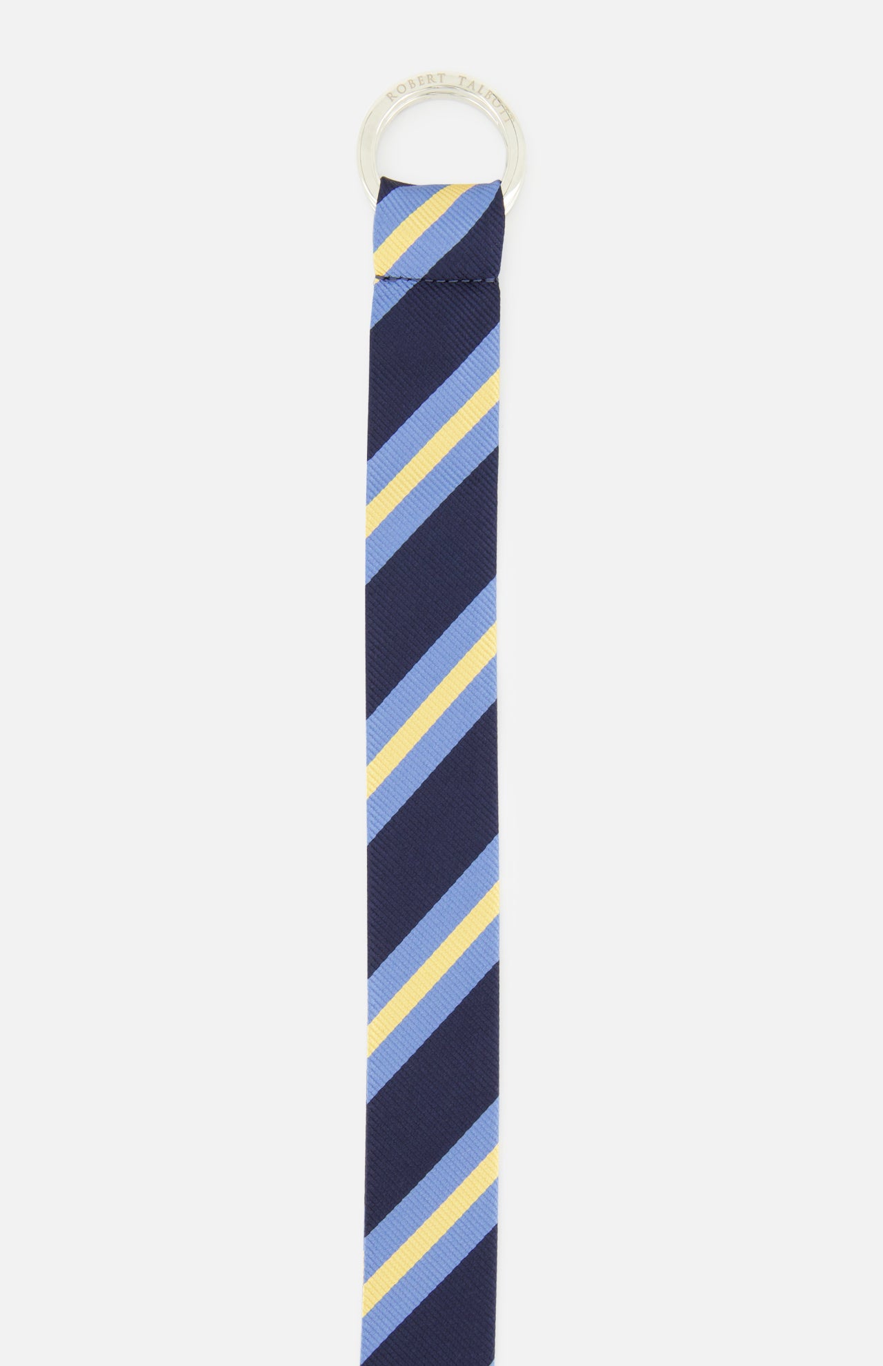 Introducing the Buckley Ribbon Belt by ROBERT TALBOTT, elegantly crafted in Italy. This belt features a navy blue base with light blue and yellow stripes, complemented by a polished metal ring buckle at the top.