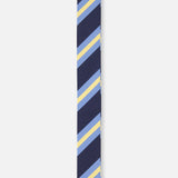 A Buckley Ribbon Belt by ROBERT TALBOTT, featuring diagonal light blue, yellow, and white stripes on a navy blue background, made in Italy and displayed against a plain white backdrop.