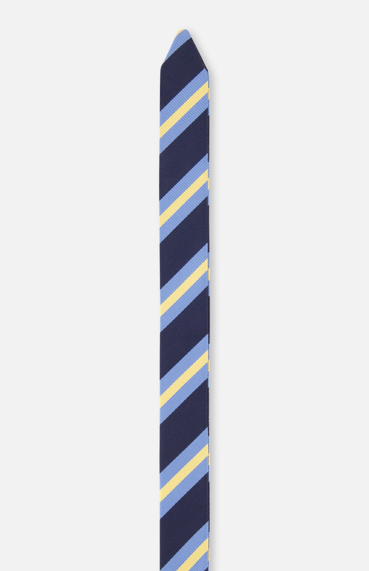 A Buckley Ribbon Belt by ROBERT TALBOTT, featuring diagonal light blue, yellow, and white stripes on a navy blue background, made in Italy and displayed against a plain white backdrop.