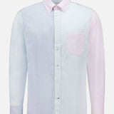 The ROBERT TALBOTT Harrison Fun Stripe Oxford Dress Shirt is a cotton button-down with vertical pastel stripes, light blue on the left side and sleeve, light pink on the right, and a pink chest pocket on the right.