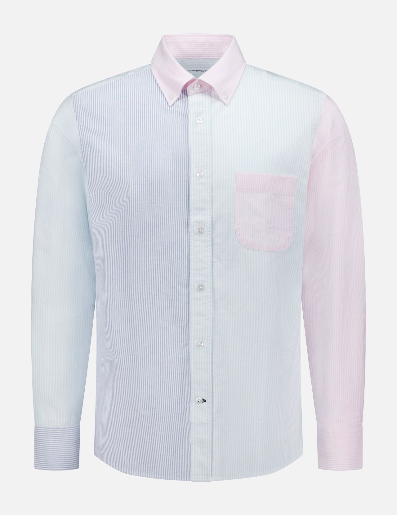 The ROBERT TALBOTT Harrison Fun Stripe Oxford Dress Shirt is a cotton button-down with vertical pastel stripes, light blue on the left side and sleeve, light pink on the right, and a pink chest pocket on the right.