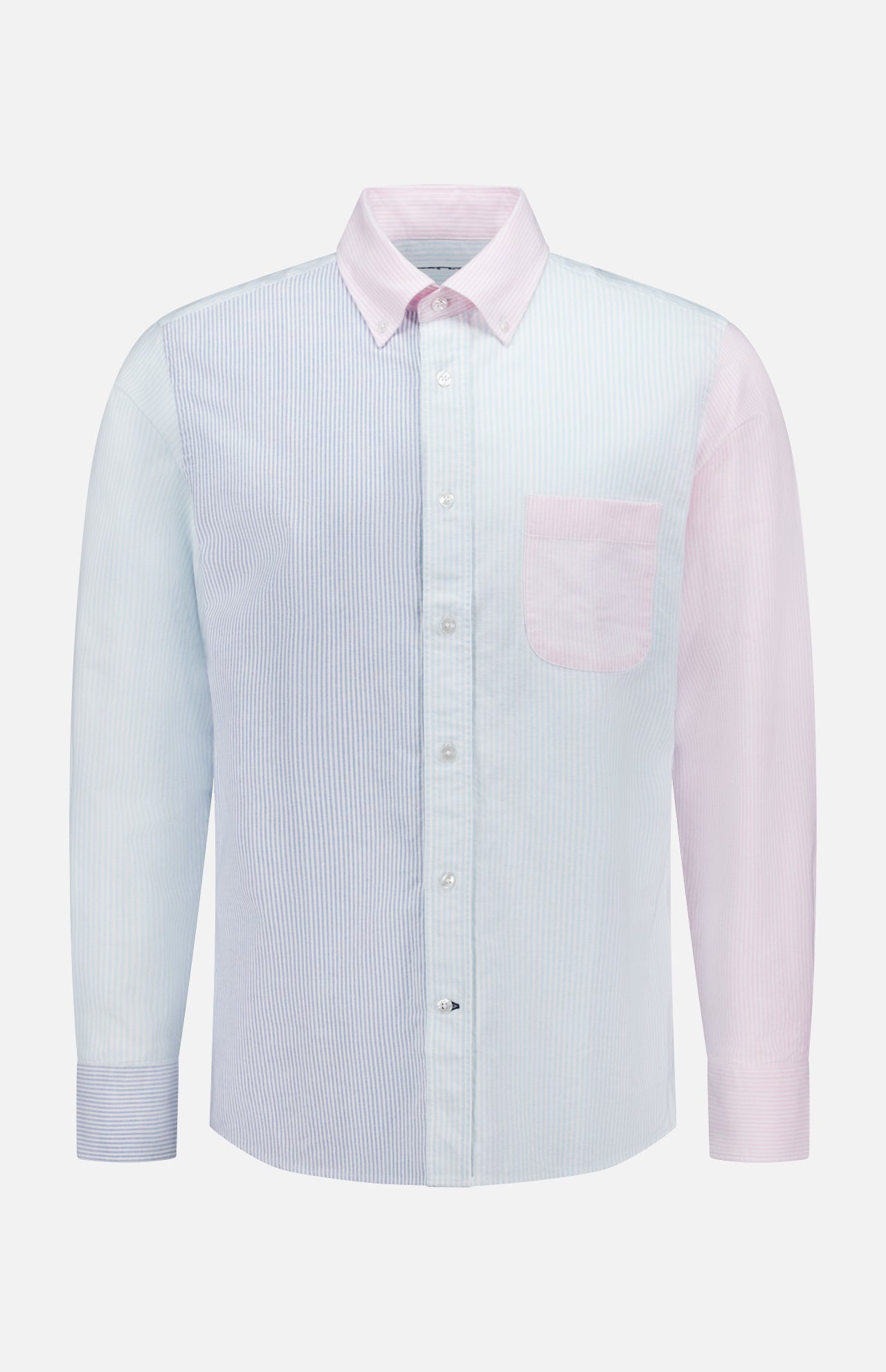 The ROBERT TALBOTT Harrison Fun Stripe Oxford Dress Shirt is a cotton button-down with vertical pastel stripes, light blue on the left side and sleeve, light pink on the right, and a pink chest pocket on the right.