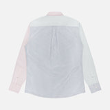 The Harrison Fun Stripe Oxford Dress Shirt by ROBERT TALBOTT is a long-sleeve cotton button-down, shown from the back with a pink left sleeve, light blue right sleeve, and a pastel blue-and-white striped body plus back pleat detail.