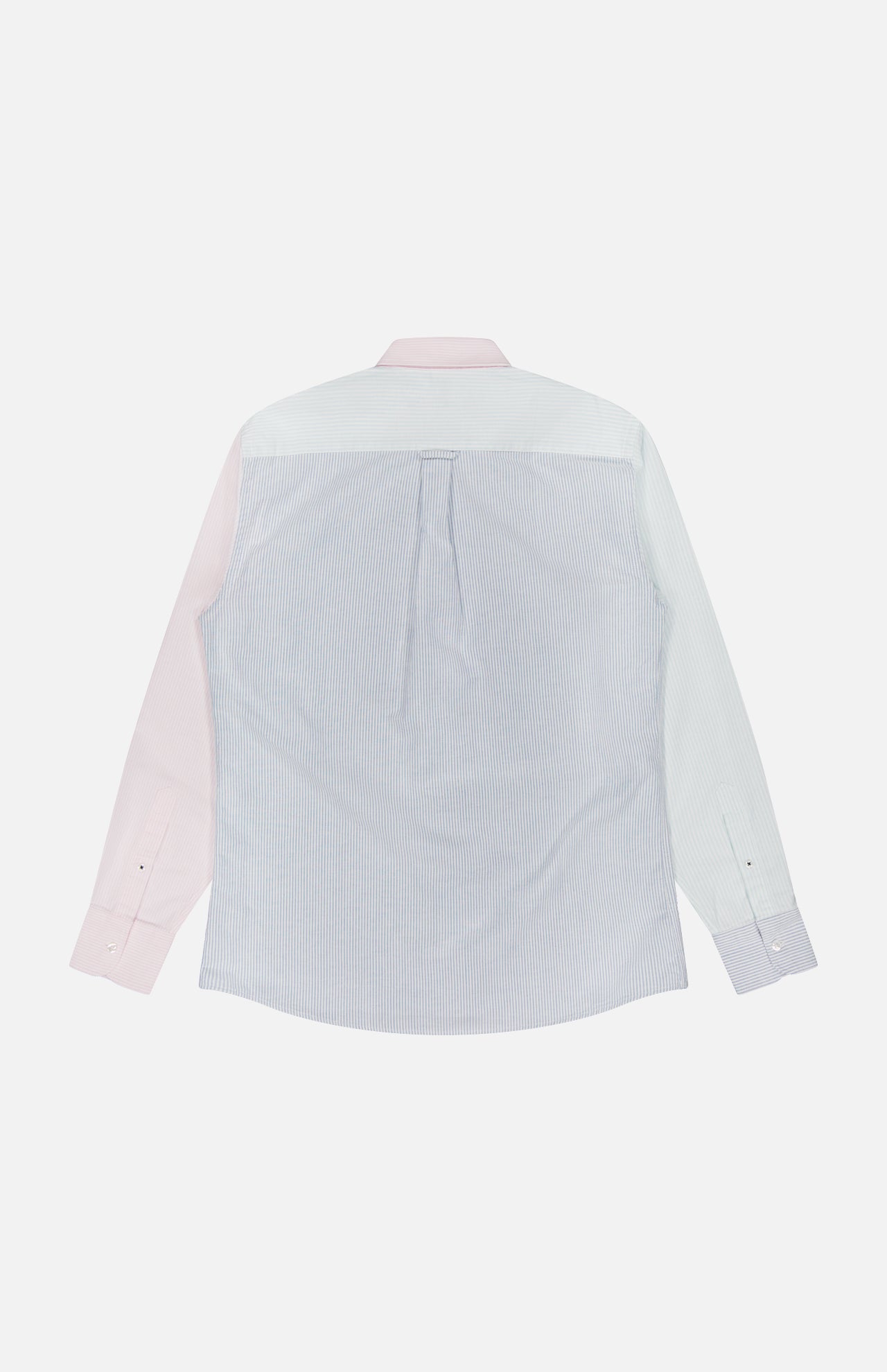The Harrison Fun Stripe Oxford Dress Shirt by ROBERT TALBOTT is a long-sleeve cotton button-down, shown from the back with a pink left sleeve, light blue right sleeve, and a pastel blue-and-white striped body plus back pleat detail.