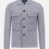 The ROBERT TALBOTT Landon Sweater Jacket is a light gray hybrid sweater-jacket with a tailored fit, featuring four front pockets and a collar. Crafted from premium Merino wool, it is displayed on a plain white background.