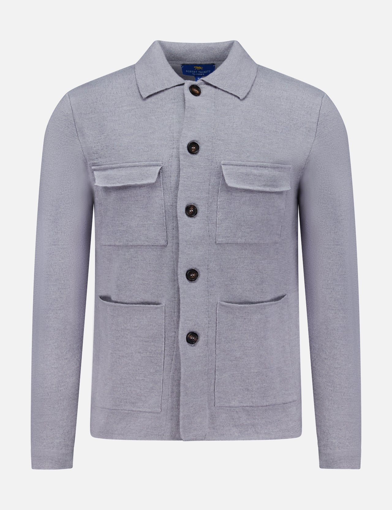 The ROBERT TALBOTT Landon Sweater Jacket is a light gray hybrid sweater-jacket with a tailored fit, featuring four front pockets and a collar. Crafted from premium Merino wool, it is displayed on a plain white background.