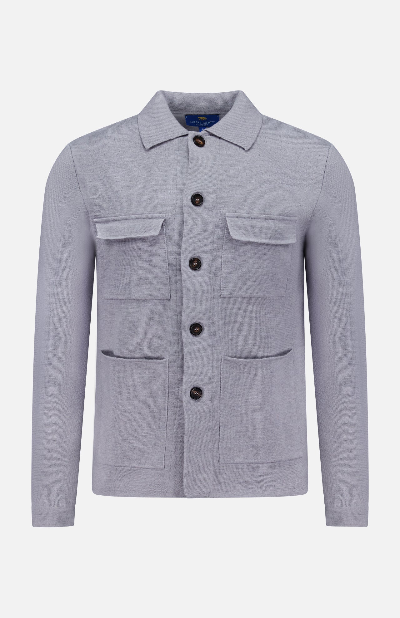 The ROBERT TALBOTT Landon Sweater Jacket is a light gray hybrid sweater-jacket with a tailored fit, featuring four front pockets and a collar. Crafted from premium Merino wool, it is displayed on a plain white background.