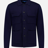 The Landon Sweater Jacket by ROBERT TALBOTT is a navy blue hybrid sweater-jacket with a tailored fit, featuring a collar and four front pockets, displayed on a plain white background.