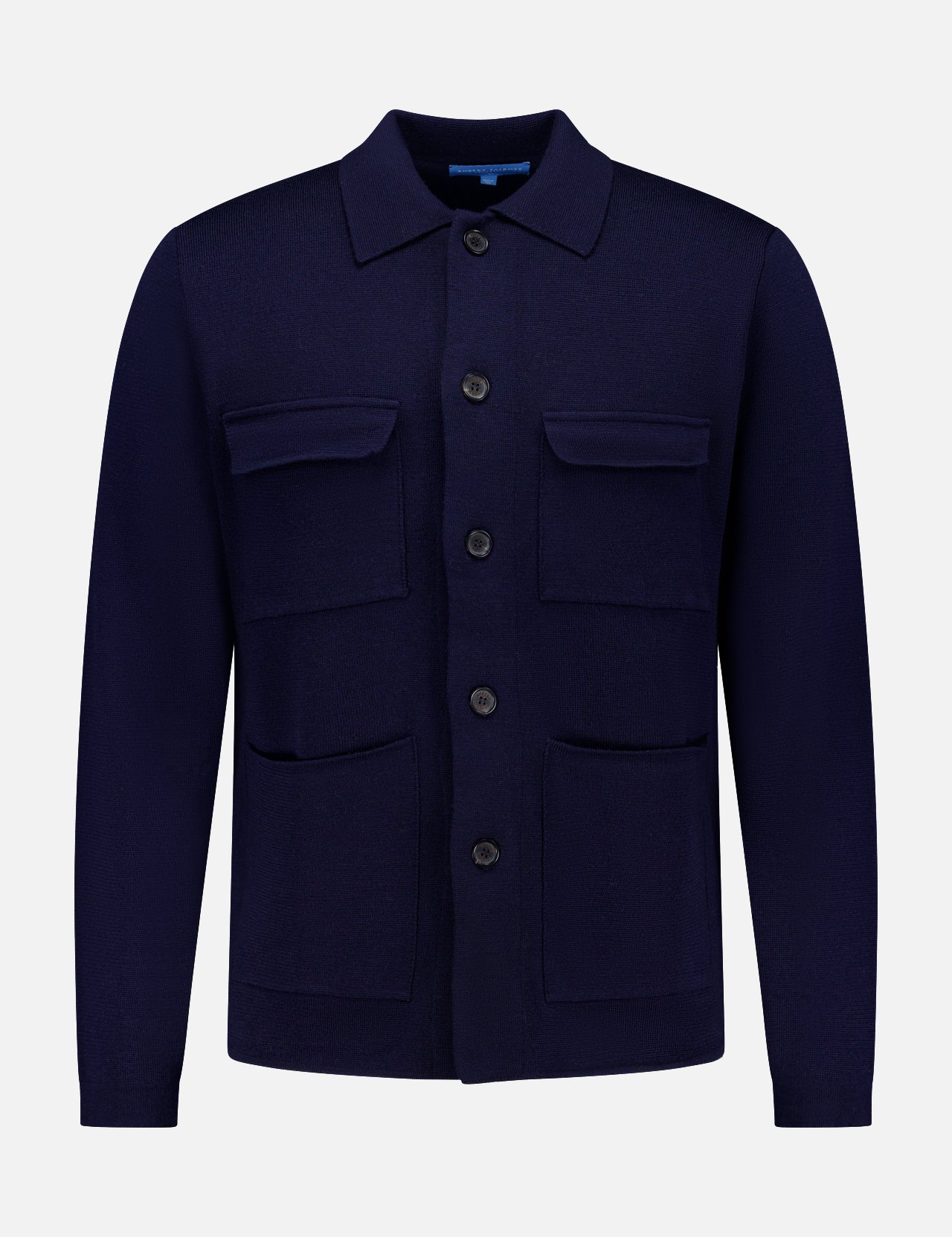 The Landon Sweater Jacket by ROBERT TALBOTT is a navy blue hybrid sweater-jacket with a tailored fit, featuring a collar and four front pockets, displayed on a plain white background.