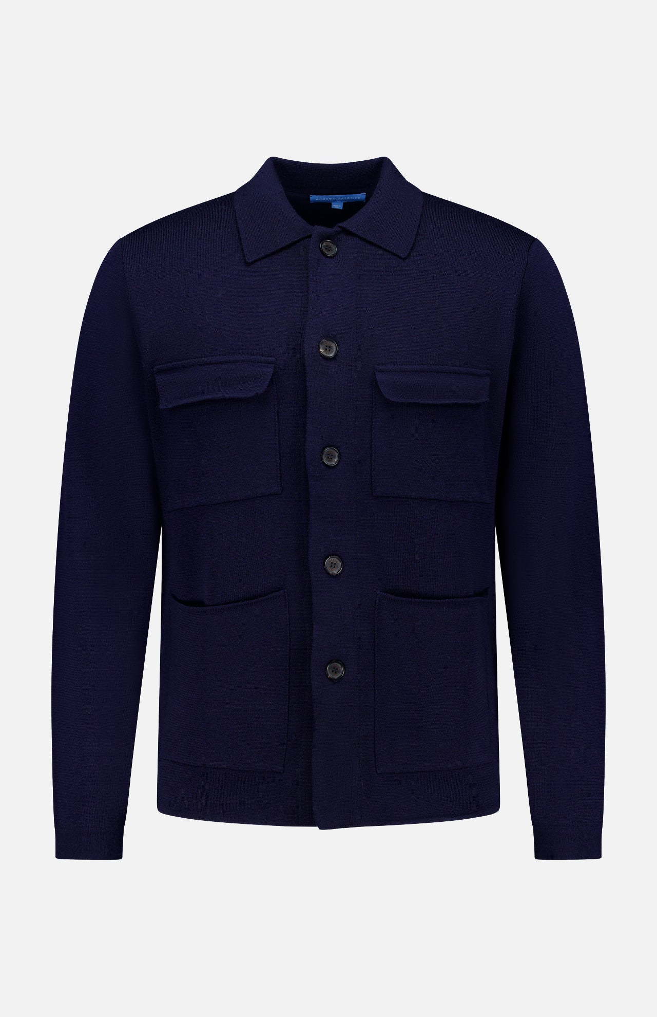 The Landon Sweater Jacket by ROBERT TALBOTT is a navy blue hybrid sweater-jacket with a tailored fit, featuring a collar and four front pockets, displayed on a plain white background.