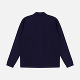 The Landon Sweater Jacket by ROBERT TALBOTT is displayed flat, facing backward on a white background. This navy blue piece features long sleeves, a collared design, and is crafted from soft merino wool for a tailored fit.