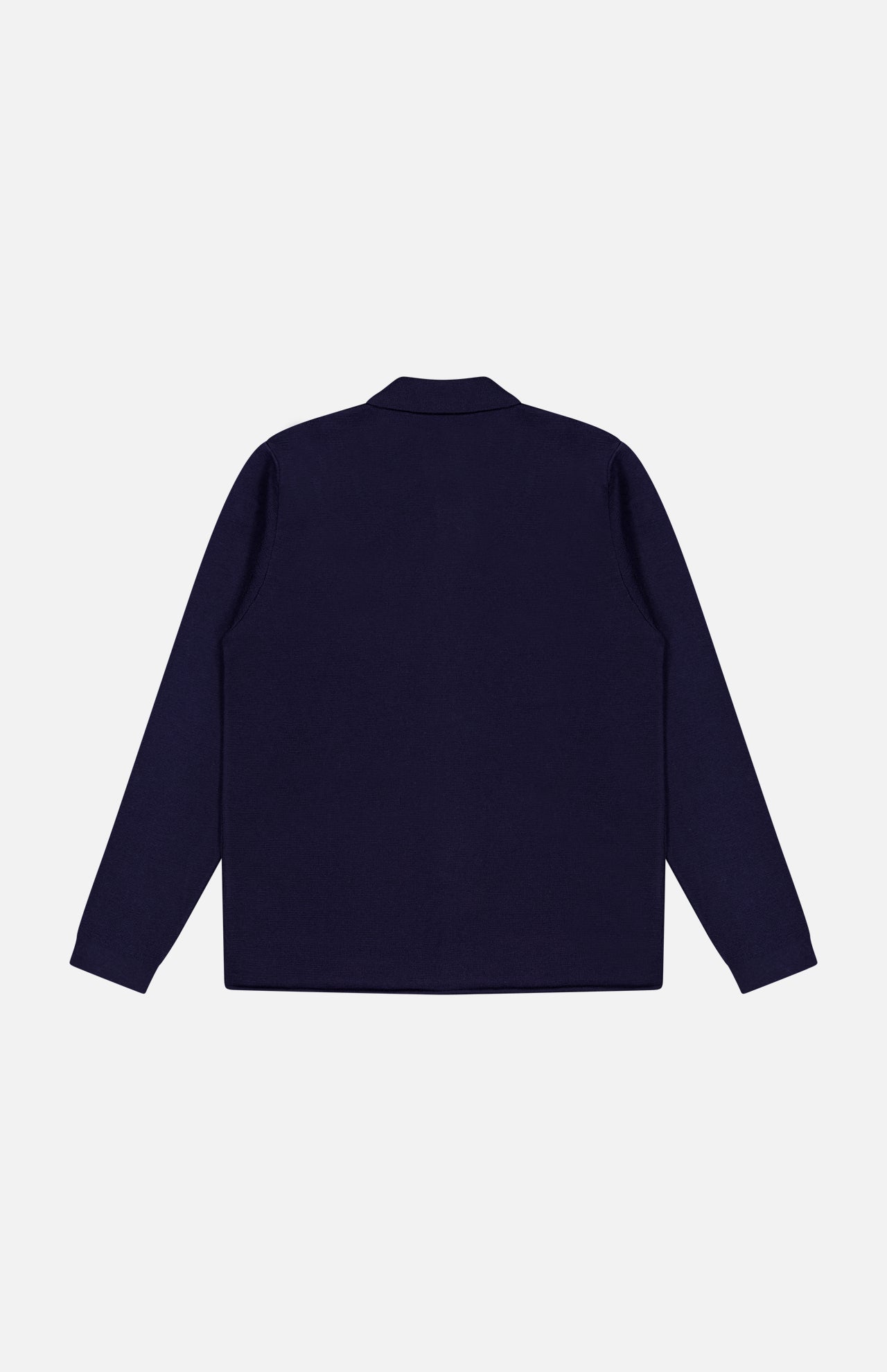 The Landon Sweater Jacket by ROBERT TALBOTT is displayed flat, facing backward on a white background. This navy blue piece features long sleeves, a collared design, and is crafted from soft merino wool for a tailored fit.