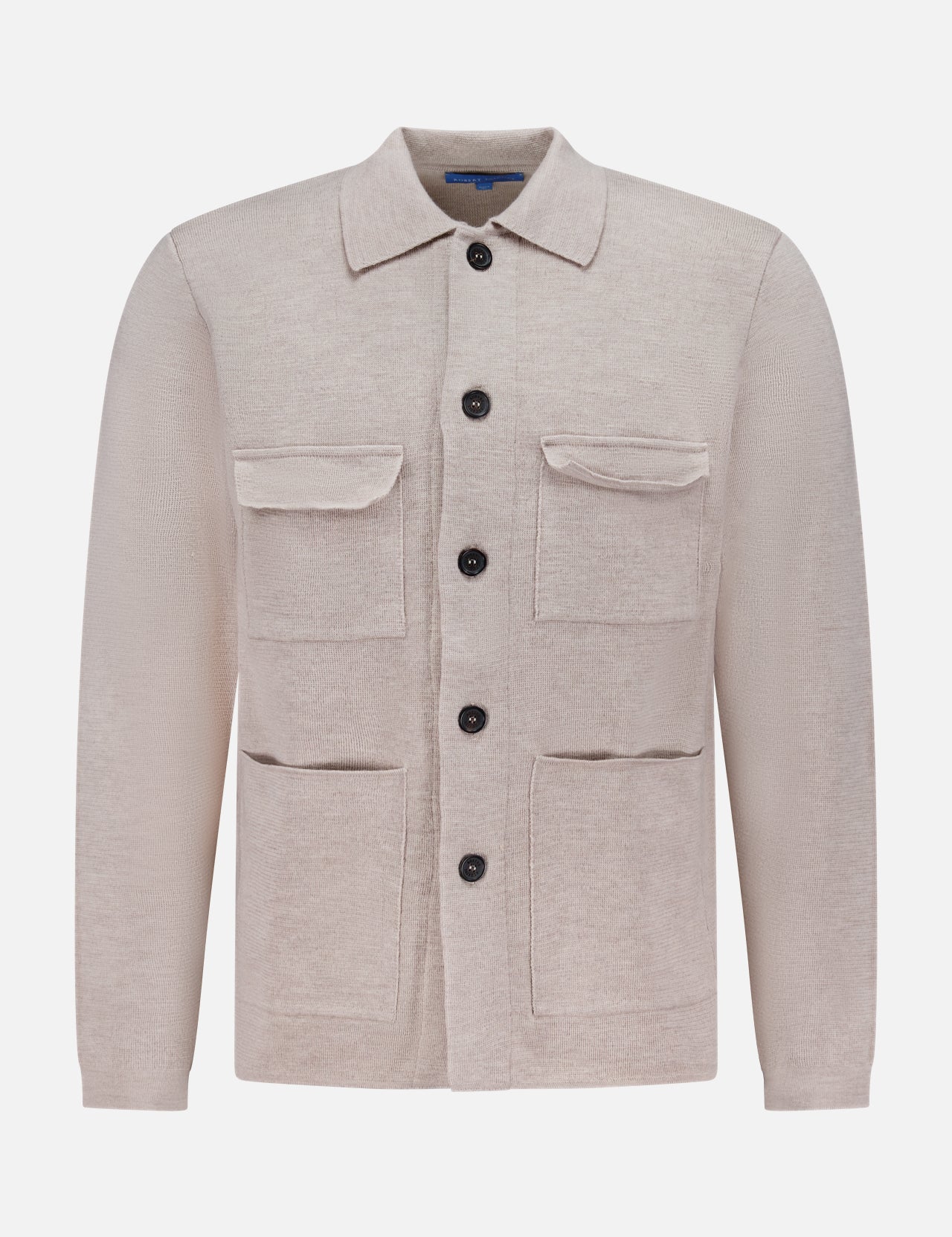 The ROBERT TALBOTT Landon Sweater Jacket is a light beige, long-sleeve hybrid sweater-jacket featuring a collar, black buttons, and four front pockets. Crafted in a tailored fit from premium Merino wool, it is displayed on a plain white background.