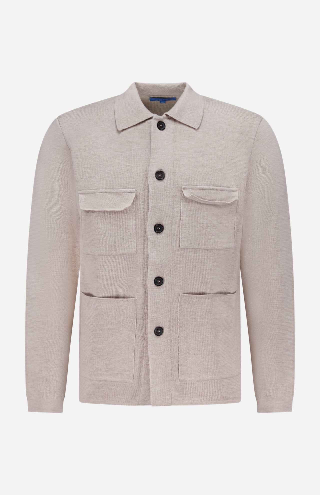 The ROBERT TALBOTT Landon Sweater Jacket is a light beige, long-sleeve hybrid sweater-jacket featuring a collar, black buttons, and four front pockets. Crafted in a tailored fit from premium Merino wool, it is displayed on a plain white background.