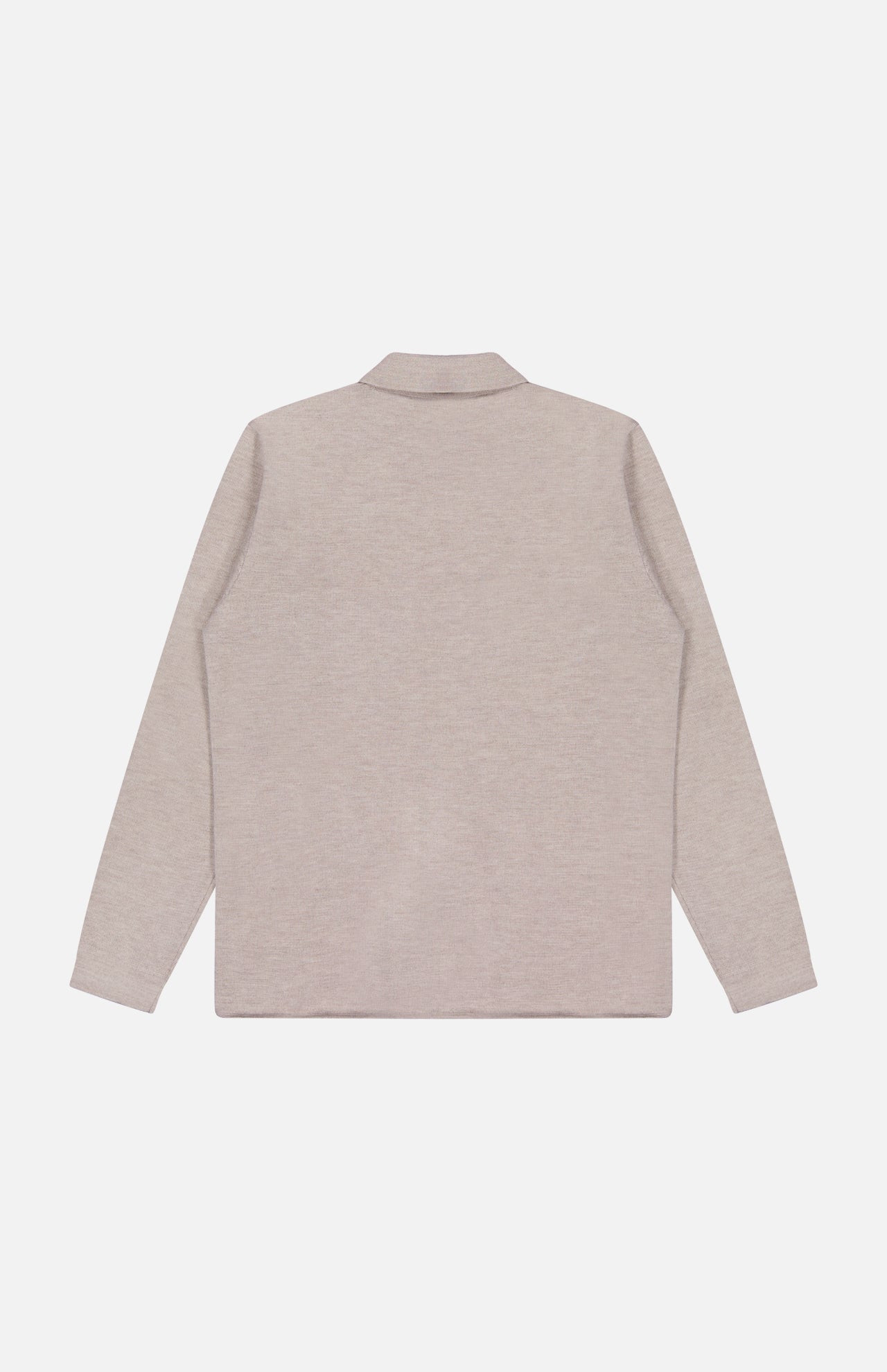 A beige Landon Sweater Jacket by ROBERT TALBOTT is displayed from the back, laid flat on a white background. The jacket features a collar and a simple, minimalistic design with no visible patterns or details, crafted from soft Merino wool for added comfort and sophistication.