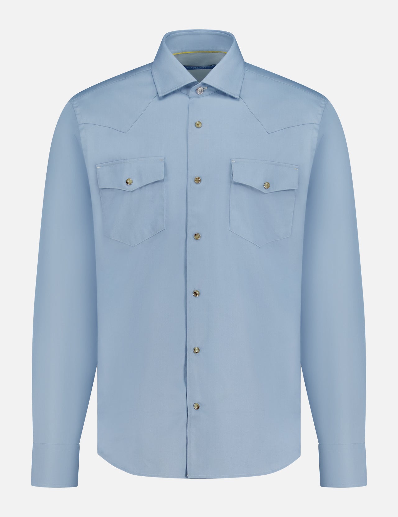 The ROBERT TALBOTT McQueen Western Cashmere Twill Shirt features a light blue hue, long sleeves, pointed collar, two flap chest pockets with buttons, and visible stitching. Shown on a plain white background.